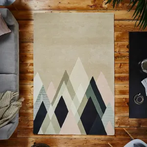 Modern Geometric Mountain Area Rug, Hand Tufted, Contemporary Design, Beige and Navy (8X10)