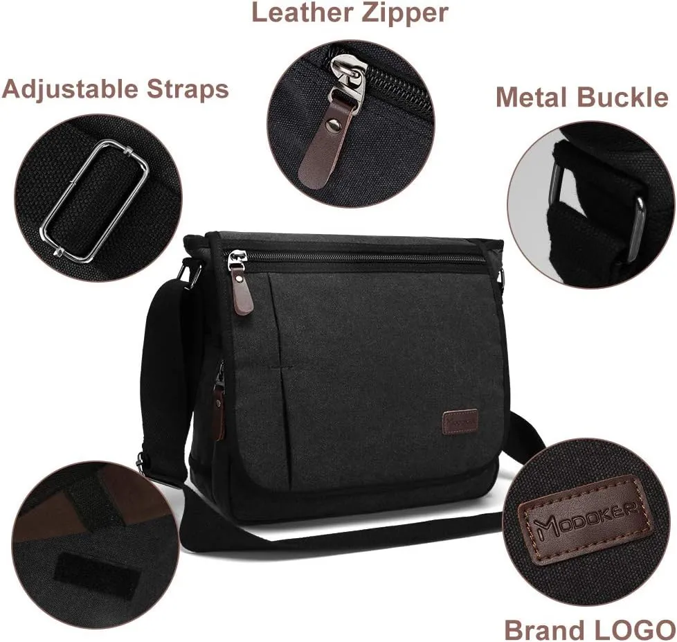 Modoker Messenger Bag for Men, 13 Inches Laptop Satchel Bags, Canvas Shoulder Bag with Bottle Pocket