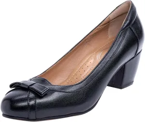 Mona flying Women's Leather 5 cm Pump Chunky Med Heel Round Toe Office Dress Shoes for Ladies