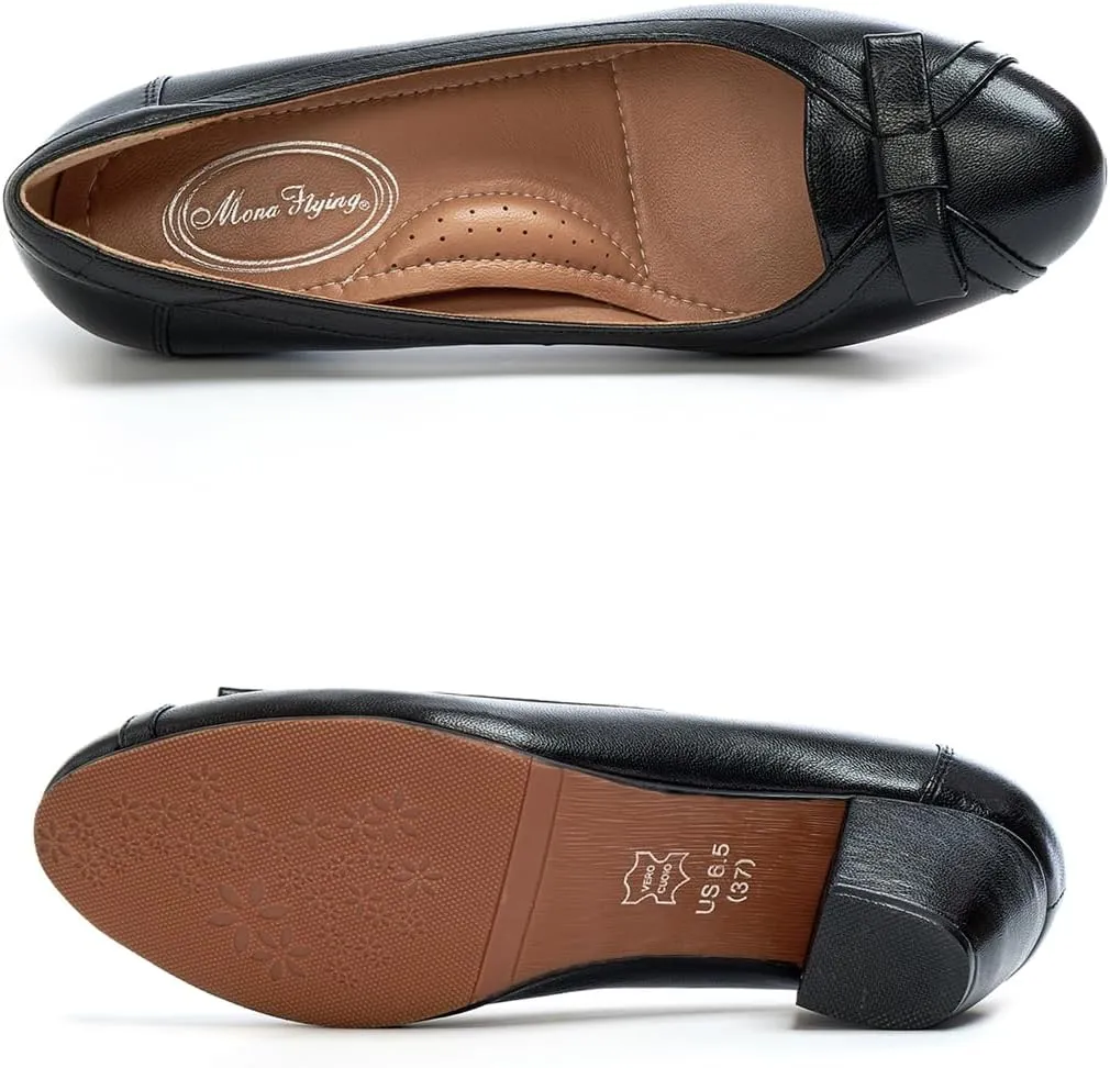 Mona flying Women's Leather 5 cm Pump Chunky Med Heel Round Toe Office Dress Shoes for Ladies