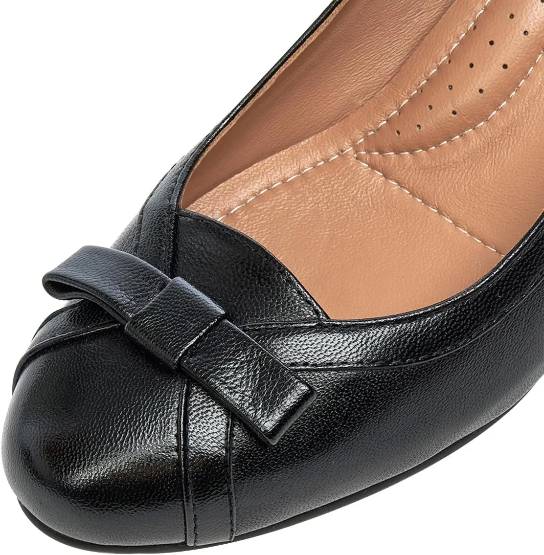Mona flying Women's Leather 5 cm Pump Chunky Med Heel Round Toe Office Dress Shoes for Ladies