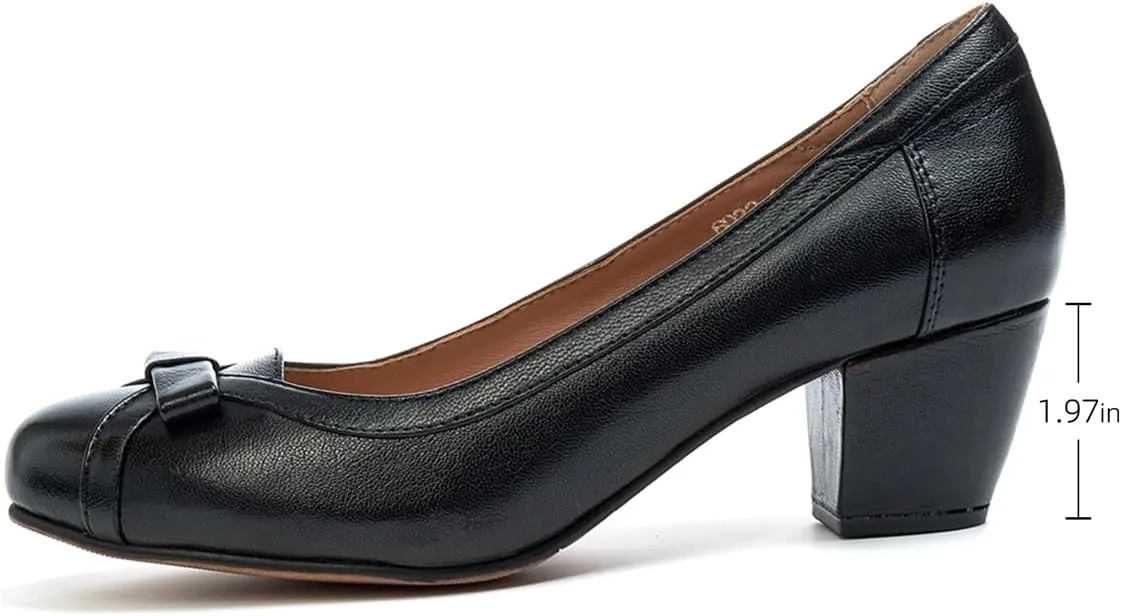 Mona flying Women's Leather 5 cm Pump Chunky Med Heel Round Toe Office Dress Shoes for Ladies