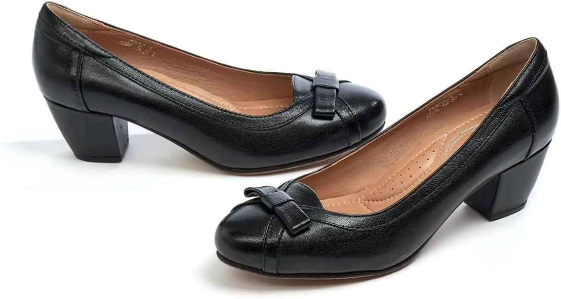 Mona flying Women's Leather 5 cm Pump Chunky Med Heel Round Toe Office Dress Shoes for Ladies