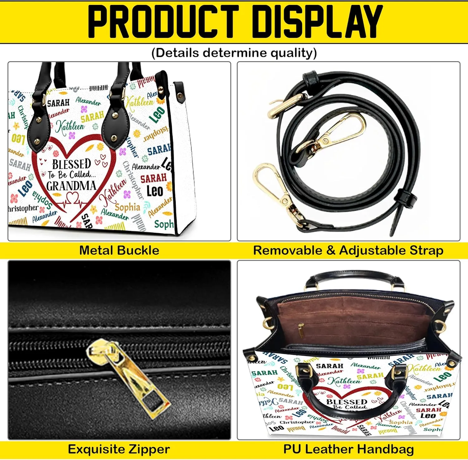Mothers Day Gift Leather Bag- Personalized Grandmas Purse With Grandkids Names, Grandma Handbag Birthday Gifts For Mom Women