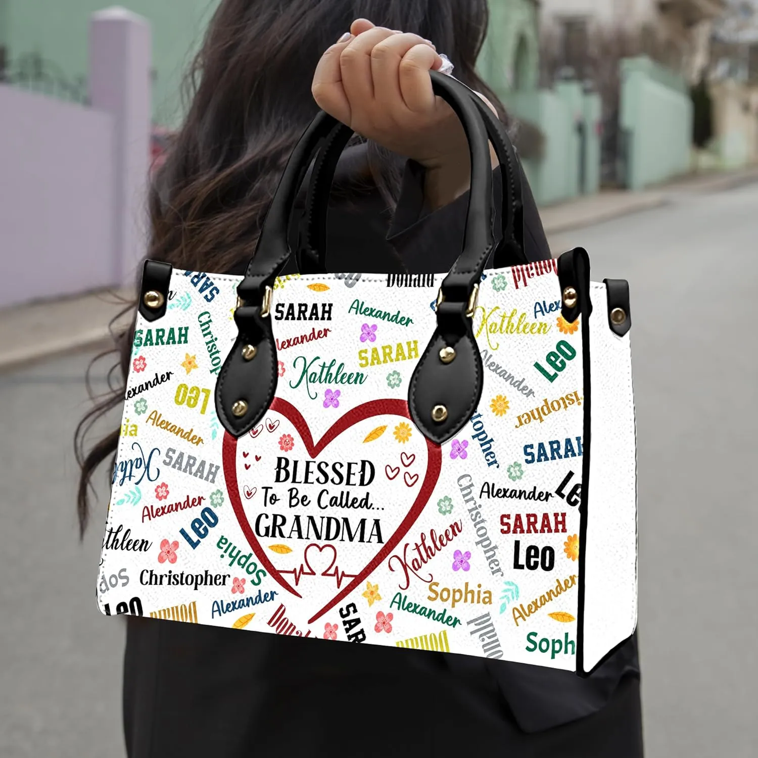Mothers Day Gift Leather Bag- Personalized Grandmas Purse With Grandkids Names, Grandma Handbag Birthday Gifts For Mom Women