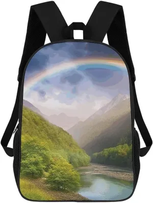 Mountain Valley with Rainbow Business Laptop Backpack for Women Men 17 Inch Carry on Backpack Waterproof Black Bookbag Fashion Lightweight Backpacks for Travel Hiking Camping Casual Daypack Backpacks