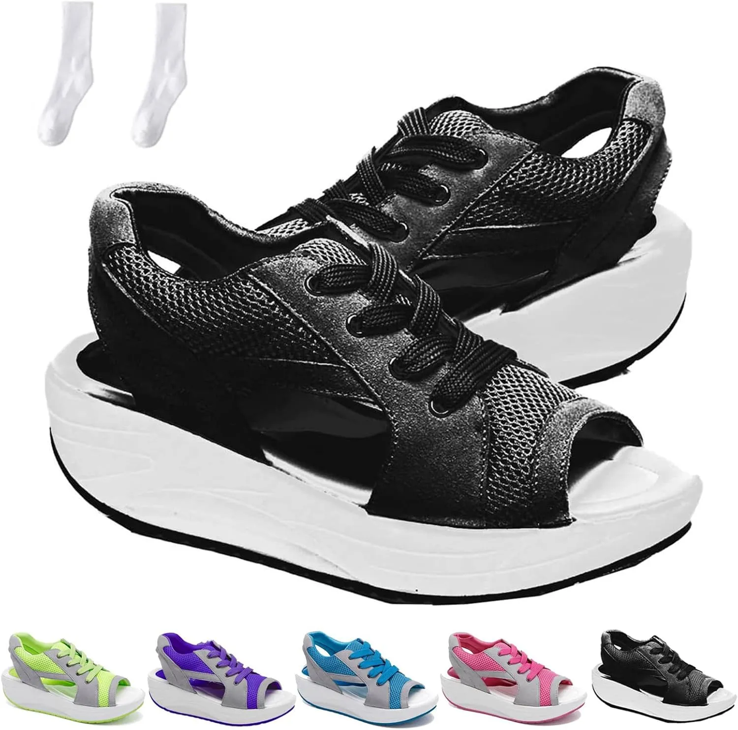 Muffin Sandals for Women, Contrast Paneled Cutout Lace-Up Muffin Sandals, Platform Wedges Open Toe Shoes