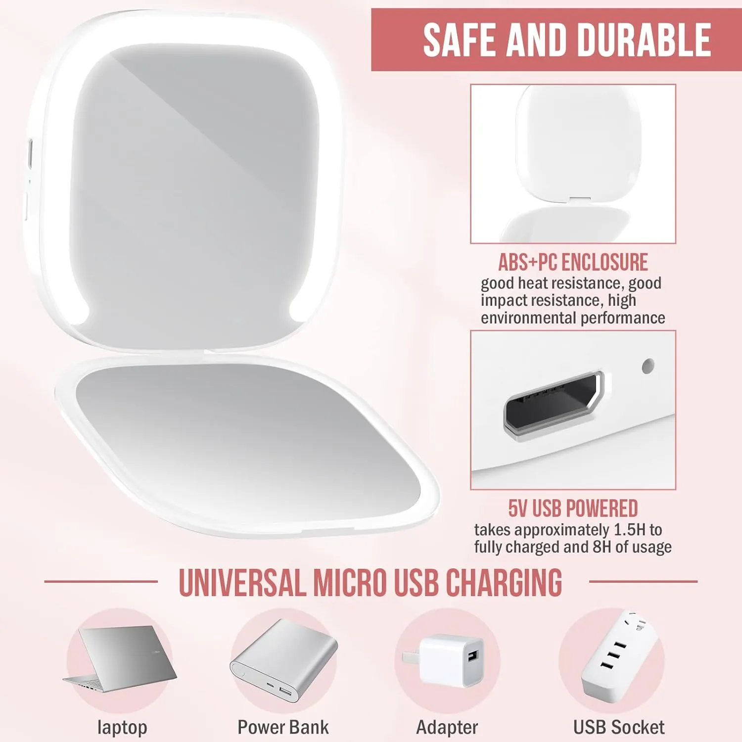 MY BEAUTY LIGHT Bright Compact Mirror with Light, Durable Rechargeable 1X/3X Magnifying Mirror with Light, 3000K-6000K Travel Makeup Mirror with Lights for Handbag Purse Pocket (White)