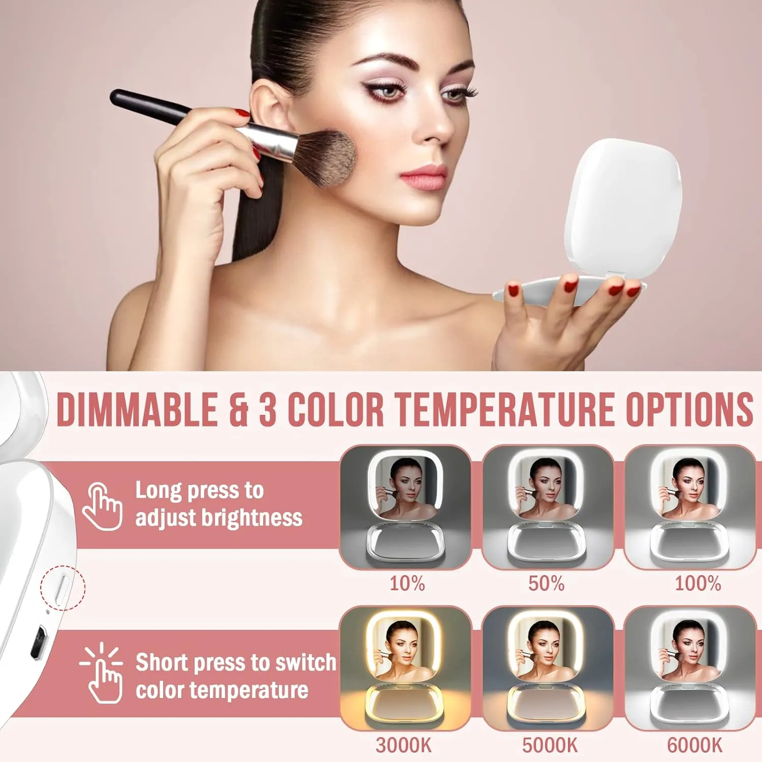 MY BEAUTY LIGHT Bright Compact Mirror with Light, Durable Rechargeable 1X/3X Magnifying Mirror with Light, 3000K-6000K Travel Makeup Mirror with Lights for Handbag Purse Pocket (White)