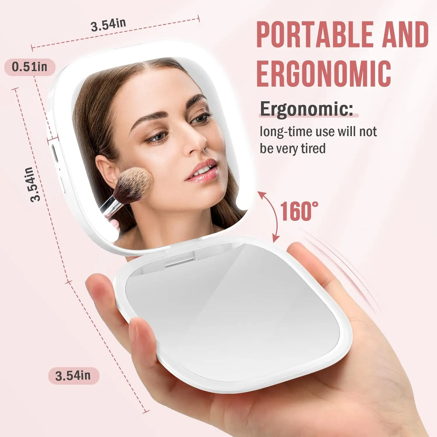 MY BEAUTY LIGHT Bright Compact Mirror with Light, Durable Rechargeable 1X/3X Magnifying Mirror with Light, 3000K-6000K Travel Makeup Mirror with Lights for Handbag Purse Pocket (White)