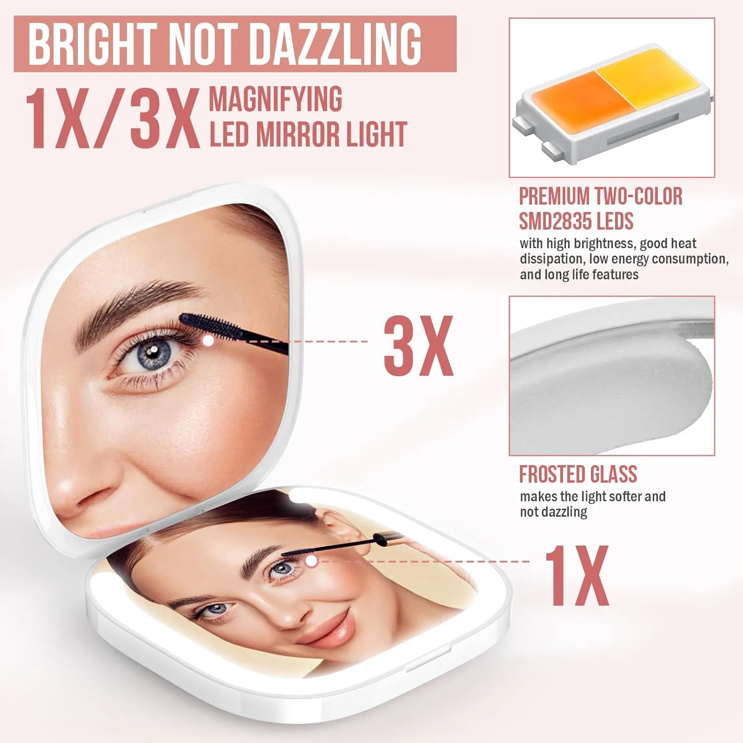 MY BEAUTY LIGHT Bright Compact Mirror with Light, Durable Rechargeable 1X/3X Magnifying Mirror with Light, 3000K-6000K Travel Makeup Mirror with Lights for Handbag Purse Pocket (White)