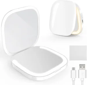 MY BEAUTY LIGHT Bright Compact Mirror with Light, Durable Rechargeable 1X/3X Magnifying Mirror with Light, 3000K-6000K Travel Makeup Mirror with Lights for Handbag Purse Pocket (White)