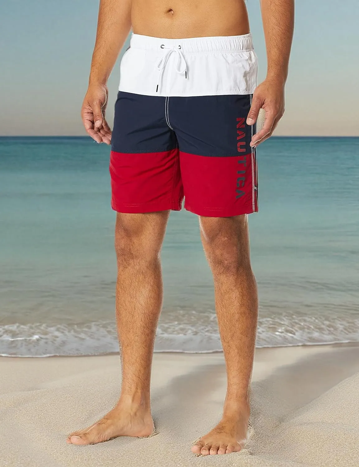 Nautica Men's Standard Quick Dry Classic Logo Tri-Block Series Swim Trunk