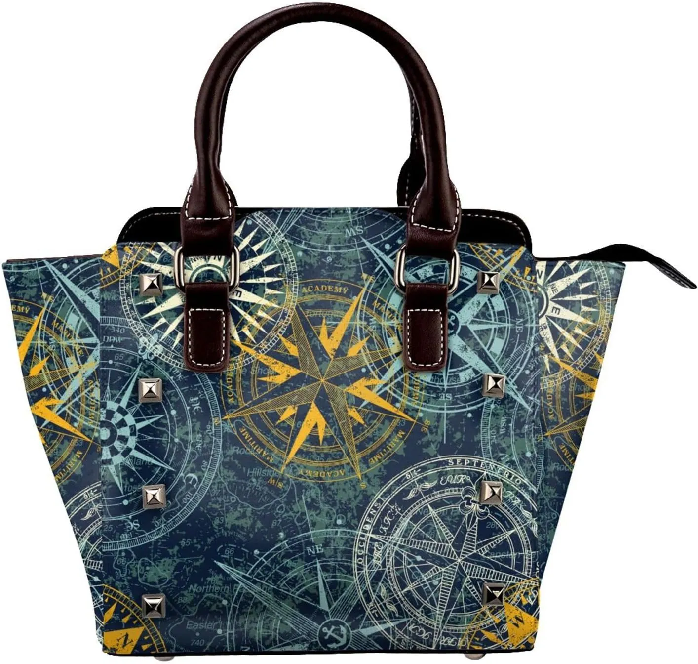 Nautical Rose Wind Compass Women Leather Shoulder Bag Mini Rivet Handbag Tote Bag For Travel Work Shoping