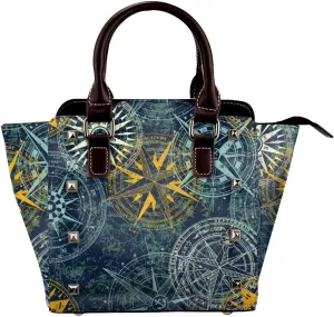 Nautical Rose Wind Compass Women Leather Shoulder Bag Mini Rivet Handbag Tote Bag For Travel Work Shoping