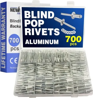 New Age America® 700pcs Blind Pop Rivets & Backup Washers | 3/32" to 1/4" | Silver | 14 Sizes | SAE Size Aluminum Rivets & 304 Stainless Steel Backup Washer | Rivet Kit w Steel Mandrel | Labelled Case