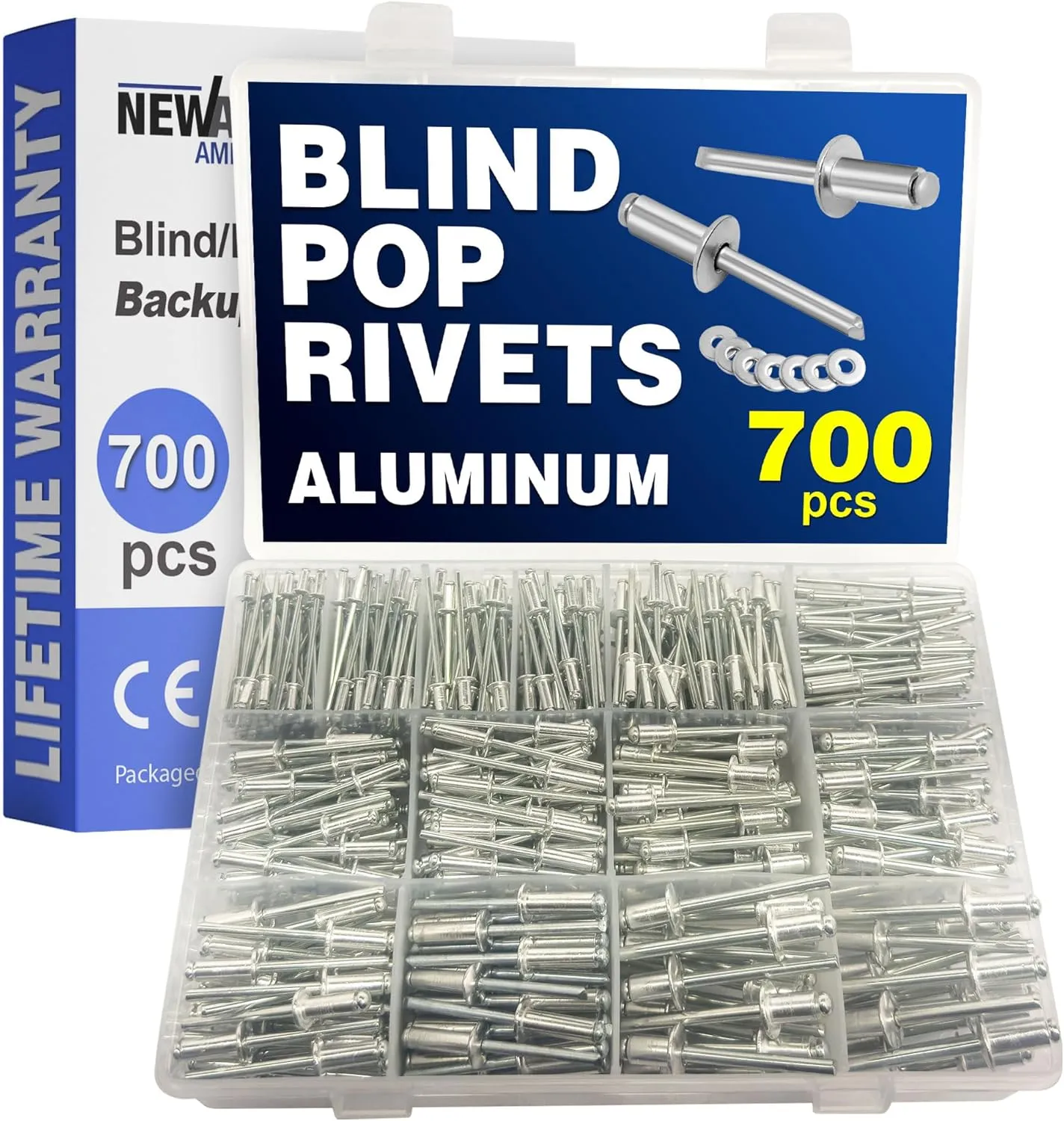 New Age America® 700pcs Blind Pop Rivets & Backup Washers | 3/32" to 1/4" | Silver | 14 Sizes | SAE Size Aluminum Rivets & 304 Stainless Steel Backup Washer | Rivet Kit w Steel Mandrel | Labelled Case