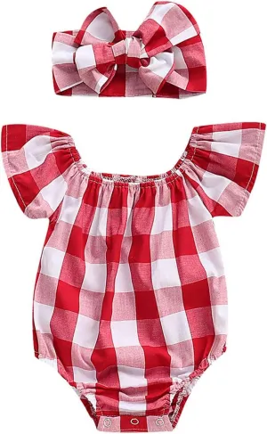 Newborn Baby Girls Romper Jumpsuit Infant Girl Summer Bodysuits Ribbed Short Sleeve One-Piece Headband