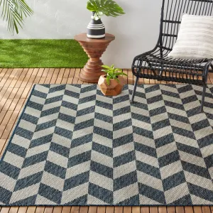 Nicole Miller New York Patio Country Calla Contemporary Herringbone Indoor/Outdoor Area Rug, Blue/Cream, 5'2"x7'2"