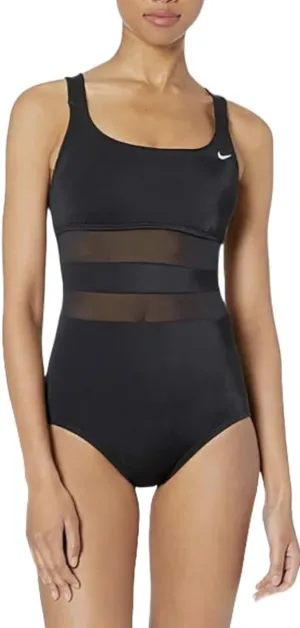 NIKE Swim Women's Standard Mesh Solid Edge V-Back One Piece Swimsuit, Black, Large