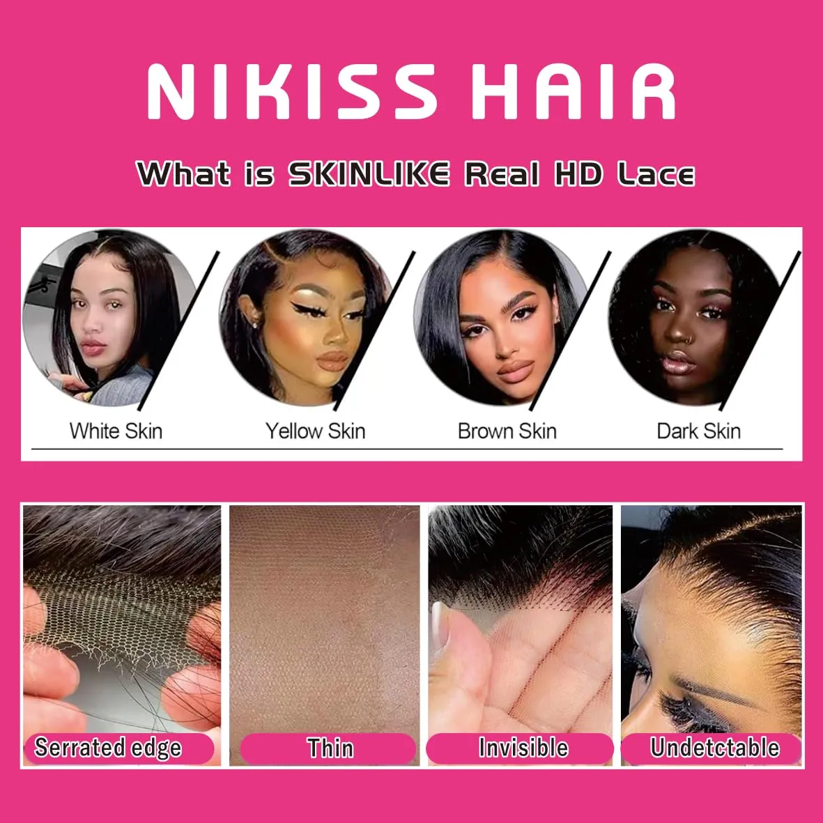 NIKISS 18 Inch 2x6 Skinlike Real HD Lace Closure, Straight 12A Virgin Human Hair Pre-Plucked 0.095mm Ultra-thin Invisible HD Lace Closure