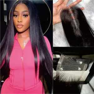 NIKISS 18 Inch 2x6 Skinlike Real HD Lace Closure, Straight 12A Virgin Human Hair Pre-Plucked 0.095mm Ultra-thin Invisible HD Lace Closure