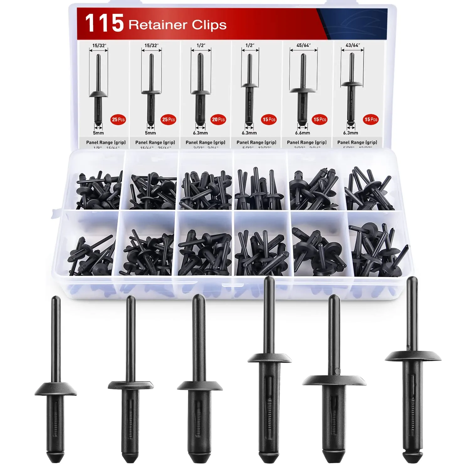 Nilight 115Pcs 6 Sizes Universal Pop Rivet Assortment Rivet Clip Black Nylon Blind Rivets Compatible with GM Ford Chrysler VW 2 Years Warranty