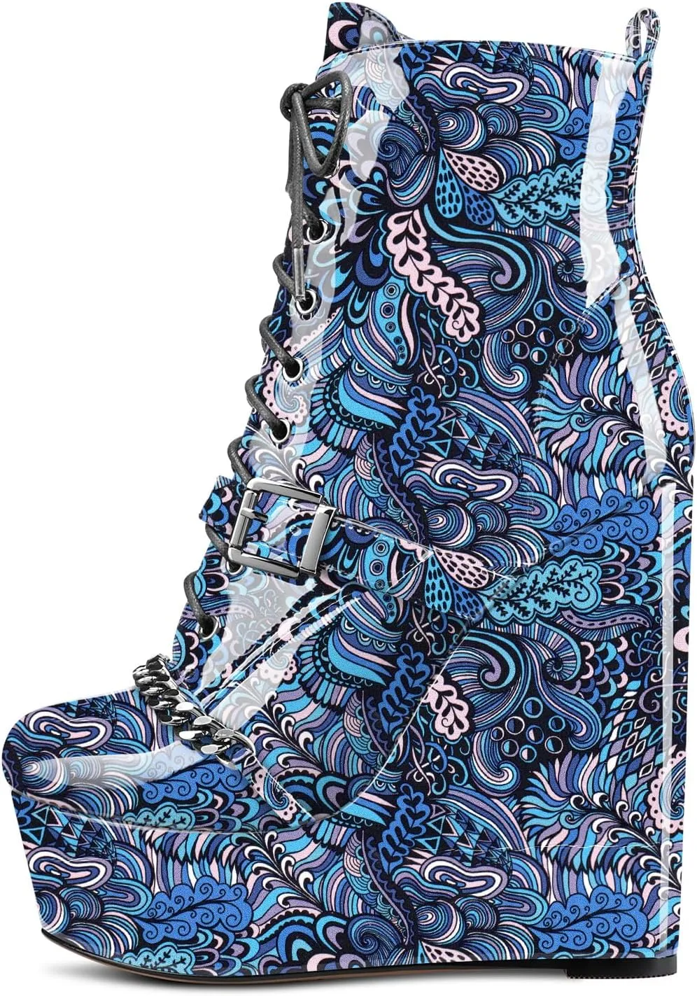 NobleOnly Womens High Heel Platform Wedge Ankle Boots Round-Toe Lace Up Rivet Boot with Zipper 6" Heel Shoes