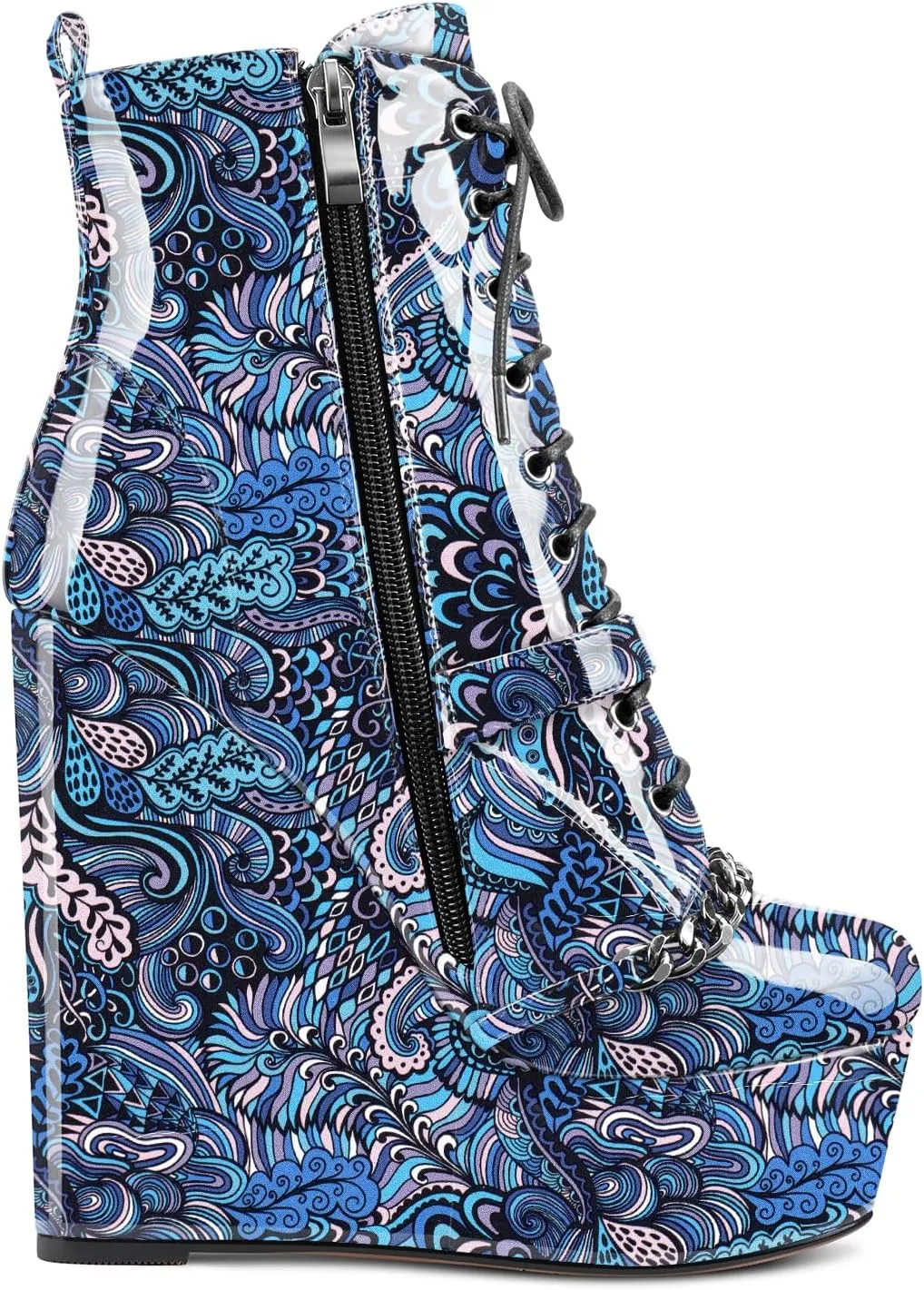 NobleOnly Womens High Heel Platform Wedge Ankle Boots Round-Toe Lace Up Rivet Boot with Zipper 6" Heel Shoes