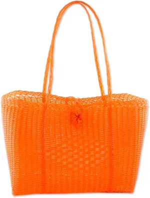 NOVICA Artisan Handwoven Tote Eco Friendly in Tangerine from Guatemala Handbags Orange Shoulder Patterned Recycled ' Undeniable Beauty in Tangerine'