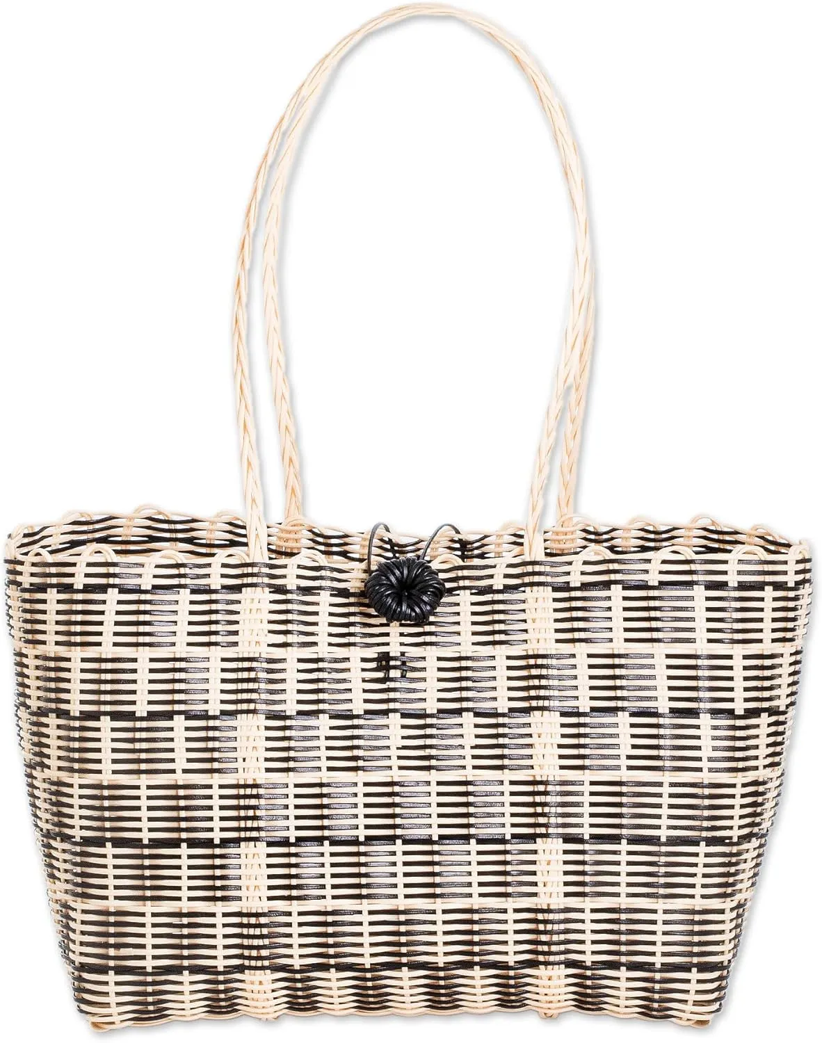 NOVICA Artisan Handwoven Tote in Black Pale Yellow from Guatemala Handbags Ivory Patterned Recycled Eco Friendly ' Delightful Day in Black'