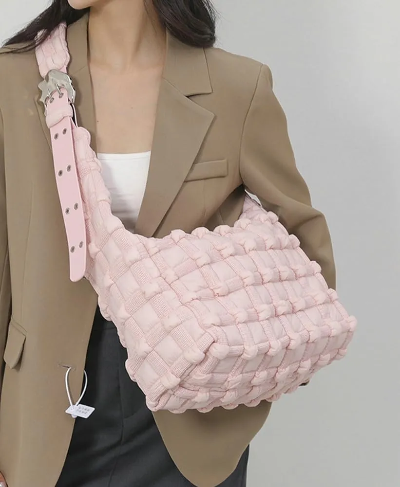 Nylon Tote Bags for Women Large Shoulder Crossbody Bag Trendy Dumpling Handbag Bubble Checkered Purse