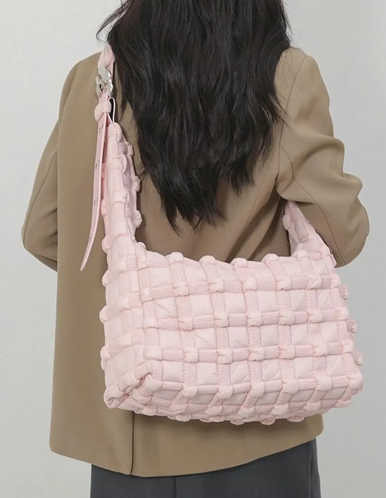 Nylon Tote Bags for Women Large Shoulder Crossbody Bag Trendy Dumpling Handbag Bubble Checkered Purse