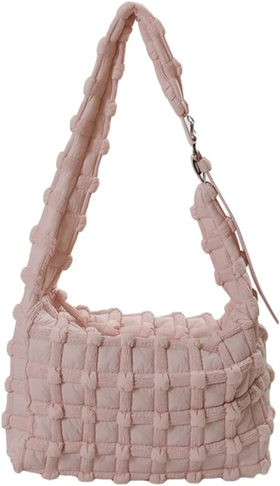 Nylon Tote Bags for Women Large Shoulder Crossbody Bag Trendy Dumpling Handbag Bubble Checkered Purse