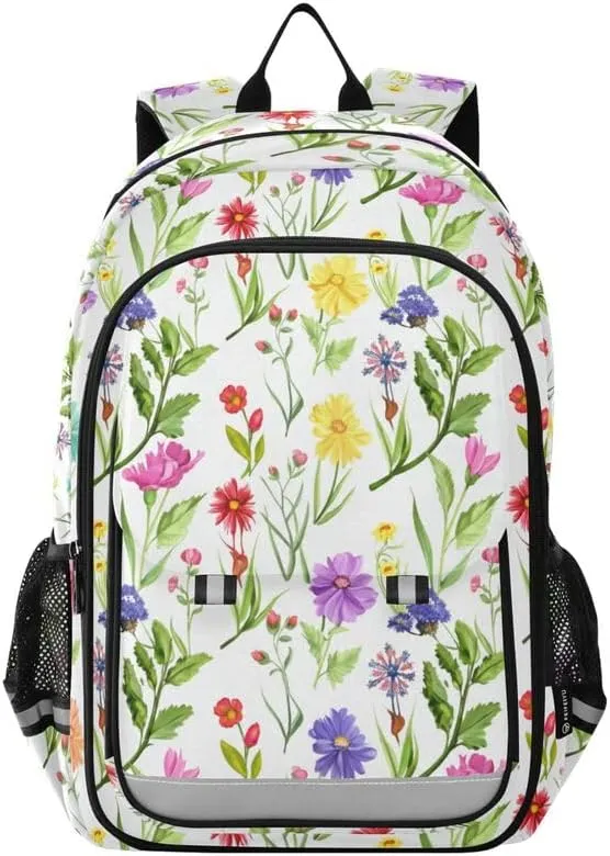 ODAWA Colorful Flowers Plants Bakcpack Bookbags with Adjustable Padded Straps Kids Backpack Ages 6-12, 17 Inch