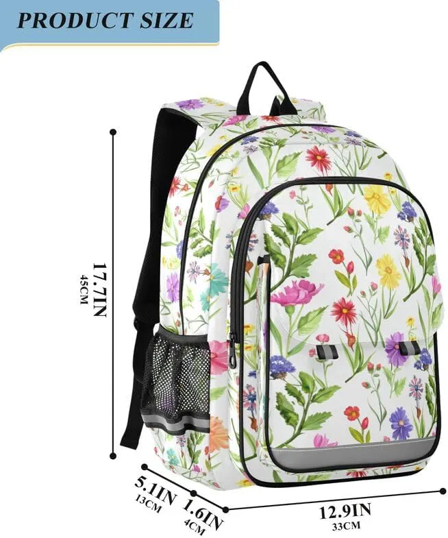 ODAWA Colorful Flowers Plants Bakcpack Bookbags with Adjustable Padded Straps Kids Backpack Ages 6-12, 17 Inch