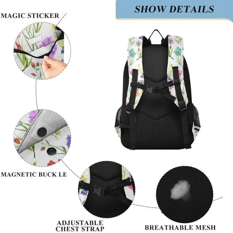 ODAWA Colorful Flowers Plants Bakcpack Bookbags with Adjustable Padded Straps Kids Backpack Ages 6-12, 17 Inch