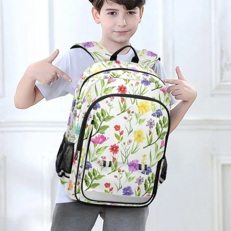 ODAWA Colorful Flowers Plants Bakcpack Bookbags with Adjustable Padded Straps Kids Backpack Ages 6-12, 17 Inch
