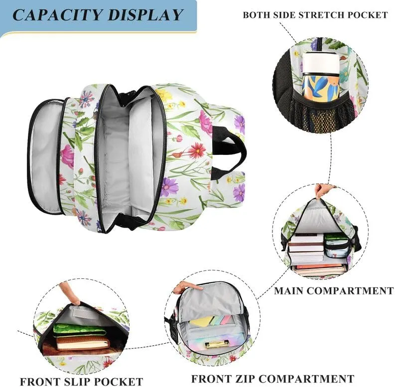 ODAWA Colorful Flowers Plants Bakcpack Bookbags with Adjustable Padded Straps Kids Backpack Ages 6-12, 17 Inch