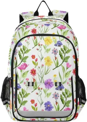ODAWA Colorful Flowers Plants Bakcpack Bookbags with Adjustable Padded Straps Kids Backpack Ages 6-12, 17 Inch