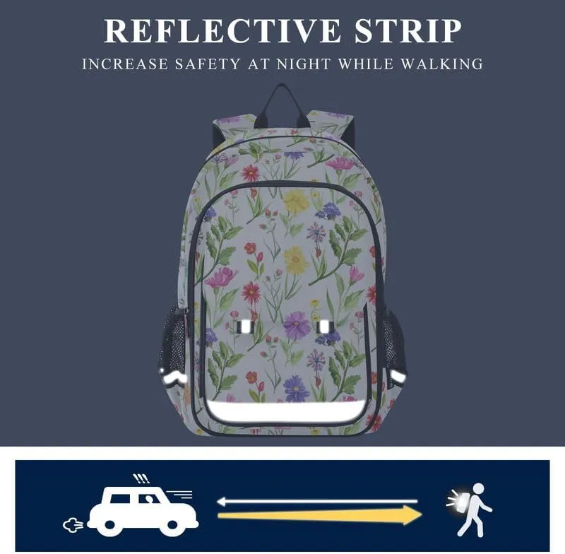 ODAWA Colorful Flowers Plants Bakcpack Bookbags with Adjustable Padded Straps Kids Backpack Ages 6-12, 17 Inch
