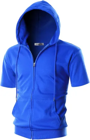 Ohoo Mens Slim Fit Zip up Hoodie Short Sleeve Thin Jacket Full Zip Sweatshirt with Kanga Pocket
