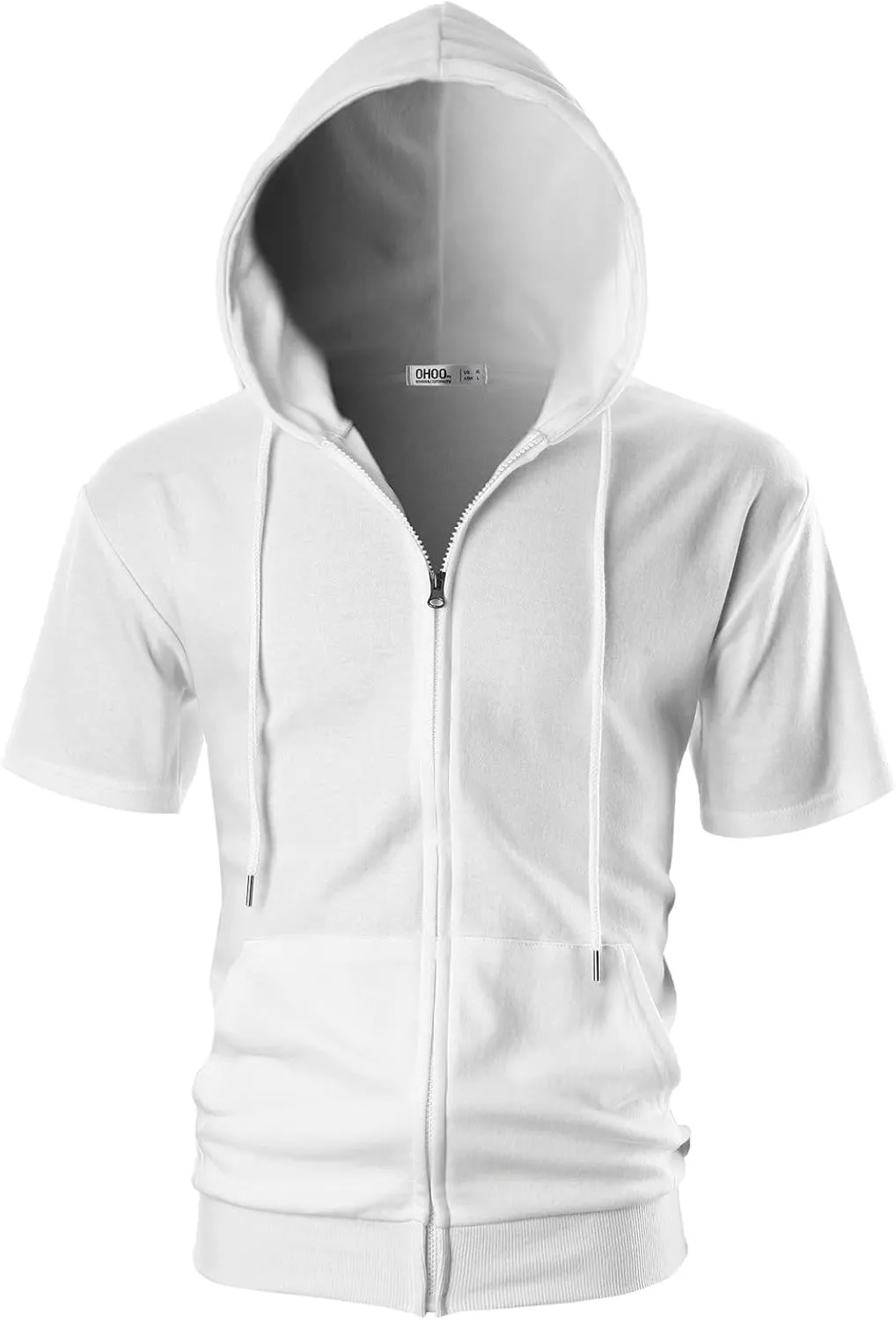 Ohoo Mens Slim Fit Zip up Hoodie Short Sleeve Thin Jacket Full Zip Sweatshirt with Kanga Pocket