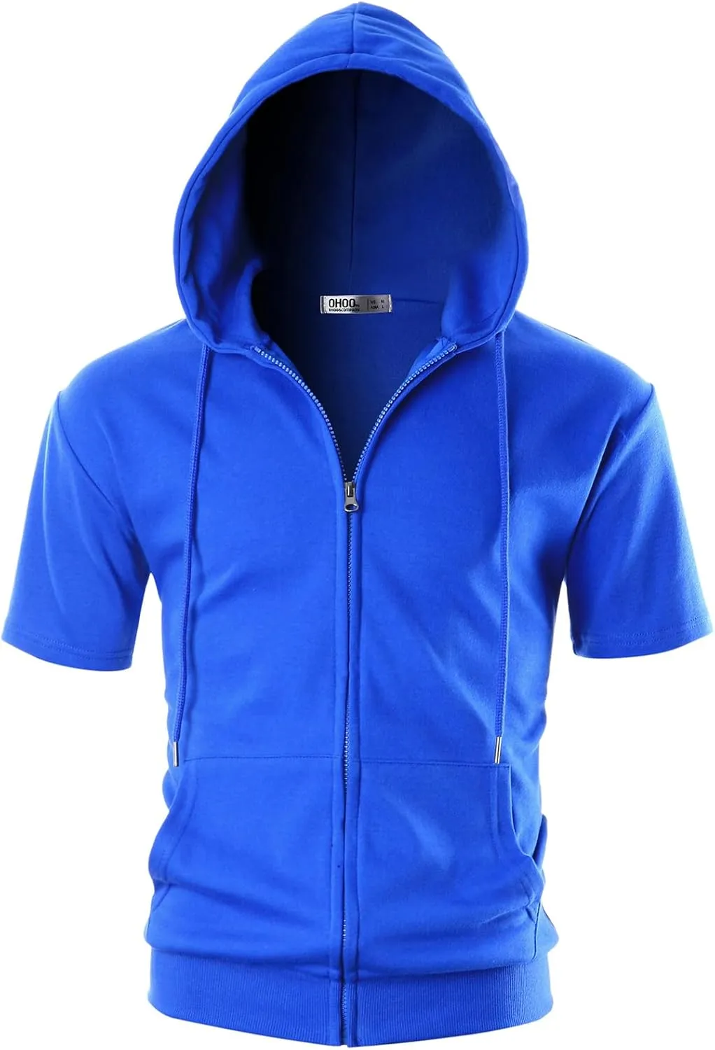 Ohoo Mens Slim Fit Zip up Hoodie Short Sleeve Thin Jacket Full Zip Sweatshirt with Kanga Pocket