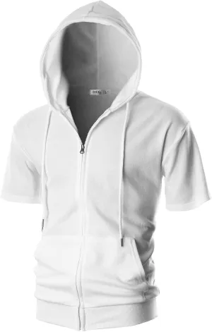 Ohoo Mens Slim Fit Zip up Hoodie Short Sleeve Thin Jacket Full Zip Sweatshirt with Kanga Pocket