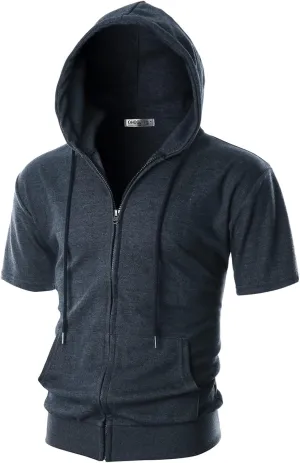 Ohoo Mens Slim Fit Zip up Hoodie Short Sleeve Thin Jacket Full Zip Sweatshirt with Kanga Pocket