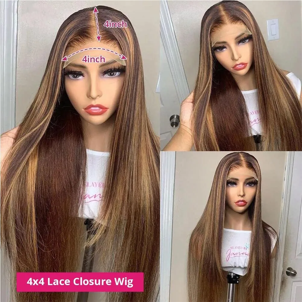 Ombre Highlight Lace Front Wig Human Hair Pre Plucked 4x4 HD Lace Closure Wigs with Baby Hair, 150% Density 4/27 Colored Honey Blonde Straight Lace Front Wigs Human Hair Wigs for Women 26 Inch