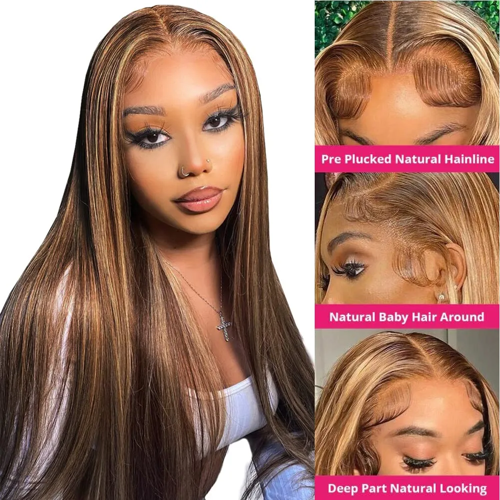 Ombre Highlight Lace Front Wig Human Hair Pre Plucked 4x4 HD Lace Closure Wigs with Baby Hair, 150% Density 4/27 Colored Honey Blonde Straight Lace Front Wigs Human Hair Wigs for Women 26 Inch