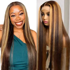 Ombre Highlight Lace Front Wig Human Hair Pre Plucked 4x4 HD Lace Closure Wigs with Baby Hair, 150% Density 4/27 Colored Honey Blonde Straight Lace Front Wigs Human Hair Wigs for Women 26 Inch