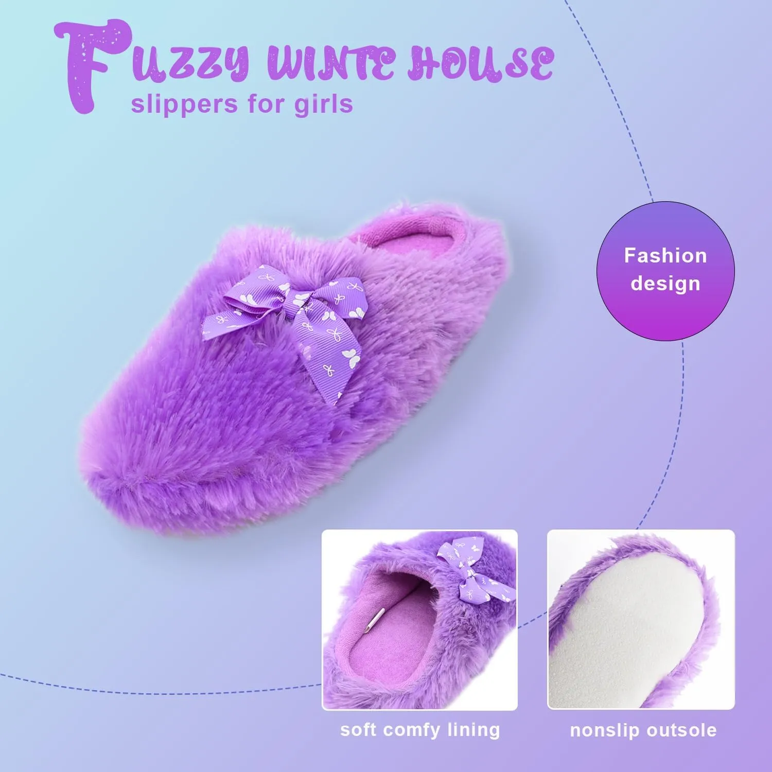 Onmygogo Girls Fuzzy Winter Indoor Slippers with Floral Bowknot, Warm Cozy Plush House Slippers for Little Big Kids Girls